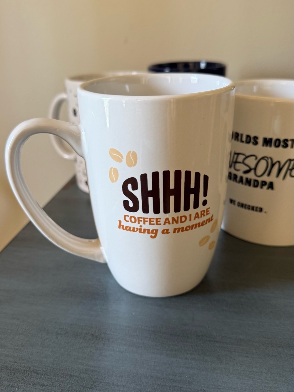 SHHH! White Coffee Mug with Brown & Tan Text